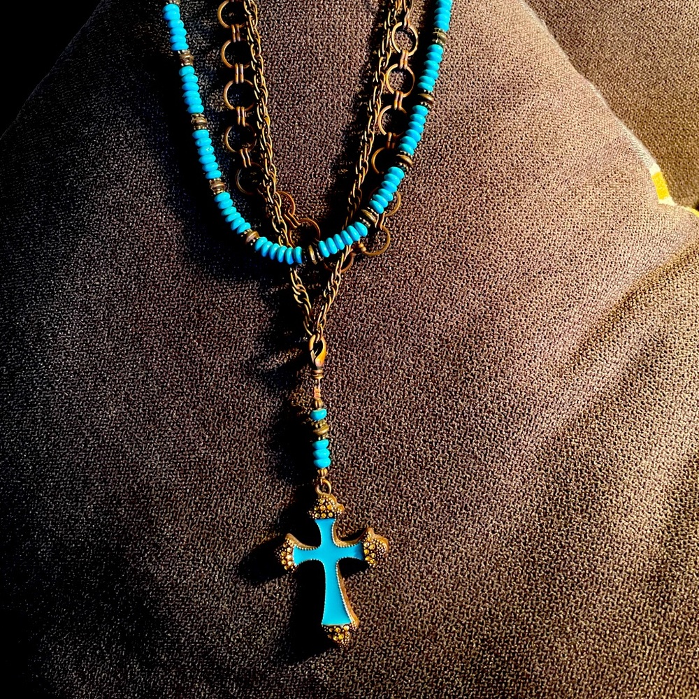 Turquoise and copper Cross necklace